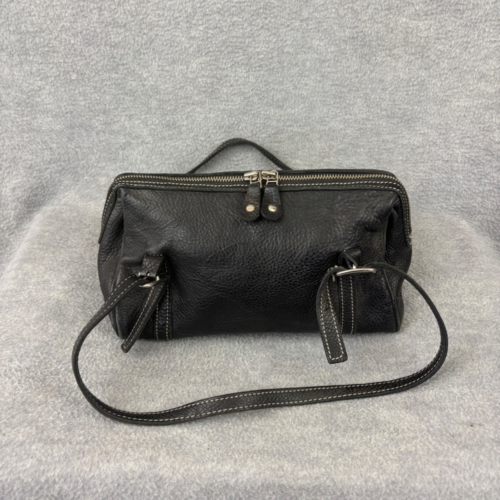Roots Handbag Women Small Black Leather Doctor Bag White Stitching Canada